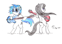 Size: 3500x2477 | Tagged: safe, artist:gafelpoez, character:dj pon-3, character:octavia melody, character:vinyl scratch, species:pony, bass guitar, guitar, musical instrument, queen, red special