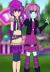 Size: 932x1350 | Tagged: safe, artist:fantasygerard2000, character:sunny flare, oc, oc:magus eveningstar, g4, my little pony: equestria girls, my little pony:equestria girls, spoiler:eqg series (season 2), alternate outfits, belt, boots, clothing, dress, fingerless gloves, gloves, hat, jewelry, necklace, necktie, shoes, starswirl music festival, stockings, thigh highs