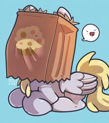 Size: 2000x2250 | Tagged: safe, artist:talimingi, character:derpy hooves, species:pegasus, species:pony, cute, derpabetes, derpy being derpy, dialogue, female, food, muffin, paper bag, pictogram, smiley face, solo, speech bubble