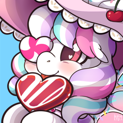 Size: 1100x1100 | Tagged: safe, artist:talimingi, oc, oc:magic sprinkles, blushing, candy, clothing, eyepatch, food, hat, heart, heart eyes, icon, lollipop, tongue out, wingding eyes