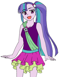 Size: 1253x1638 | Tagged: safe, artist:fantasygerard2000, oc, oc:harmony spark, parent:aria blaze, parent:sonata dusk, parents:arisona, my little pony:equestria girls, female, looking at you, magical lesbian spawn, offspring, open mouth, simple background, sitting, solo, white background