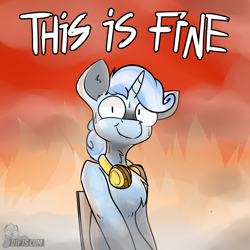 Size: 2560x2560 | Tagged: safe, artist:difis, oc, oc only, oc:snowy charm, species:crystal pony, species:pony, species:unicorn, commission, crystal pony oc, fire, headphones, looking at you, male, meme, smiling, solo, stallion, this is fine, ych result