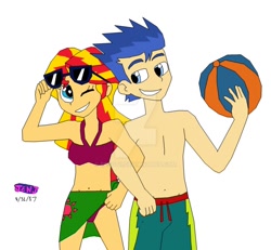 Size: 930x860 | Tagged: safe, artist:resotii, character:flash sentry, character:sunset shimmer, ship:flashimmer, my little pony:equestria girls, belly button, bikini, clothing, female, male, midriff, sarong, shipping, straight, swimsuit