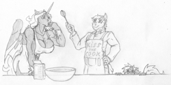 Size: 2800x1391 | Tagged: safe, artist:siegfriednox, oc, oc:blaze of glory, oc:invidia nox, oc:ty the baker, species:alicorn, species:anthro, species:earth pony, species:pony, species:unicorn, alicorn oc, apron, chef, clothing, cooking, grayscale, monochrome, traditional art, whisk