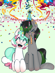 Size: 768x1024 | Tagged: safe, artist:cottonsweets, oc, oc only, oc:cotton sweets, oc:cottonsweets, oc:spectrum heat, species:pony, birthday, birthday pic, cute, female, male, mare, shipping, stallion