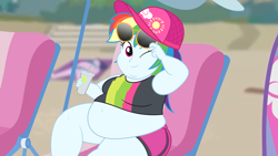 Size: 2560x1440 | Tagged: safe, artist:neongothic, character:rainbow dash, my little pony:equestria girls, bbw, beach, belly, belly button, big belly, chair, chubby, chubby dash, clothing, double chin, drink, fat, female, hat, obese, one eye closed, rainblob dash, shirt, shorts, solo, sunglasses, weight gain, wink