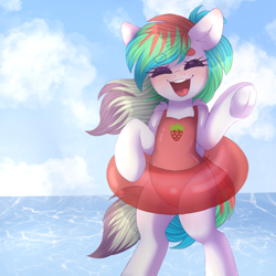 Size: 3000x3000 | Tagged: safe, artist:adostume, derpibooru original, oc, oc only, species:pegasus, species:pony, beach, blank flank, blushing, clothing, eyes closed, female, floaty, floppy ears, inflatable, laughing, ocean, one-piece swimsuit, pool toy, semi-anthro, sky, smiling, solo, swimsuit, teeth, underhoof, water