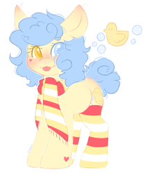 Size: 1608x1923 | Tagged: safe, artist:adostume, oc, oc only, oc:duckie, species:earth pony, species:pony, blep, blushing, cat mouth, clothing, curly hair, cutie mark, happy, hearts on cheeks, hearts on hooves, heterochromia, mlem, reference sheet, scarf, short hair, short tail, silly, simple background, smiling, socks, tongue out, white background