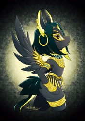 Size: 1440x2048 | Tagged: safe, artist:bbtasu, oc, oc only, species:pegasus, species:pony, anubis, bipedal, ear piercing, earring, egyptian, female, gold, jewelry, mare, monster pony, piercing, solo