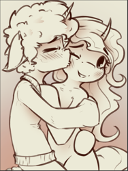 Size: 701x933 | Tagged: safe, artist:blvckmagic, oc, oc:idle thoughts, oc:silverheart, species:pony, species:unicorn, afro, blushing, clothing, hug, kissing