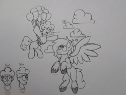 Size: 2576x1932 | Tagged: safe, artist:drheartdoodles, character:pinkie pie, oc, oc:dr.heart, species:pony, background character, balloon, cloud, clydesdale, floating, flying, grayscale, monochrome, offscreen character, palindrome get, size difference, then watch her balloons lift her up to the sky