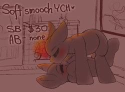 Size: 1942x1432 | Tagged: safe, artist:adostume, species:pony, advertisement, commission, couple, cute, eyes closed, fireplace, forehead kiss, kissing, shipping, your character here