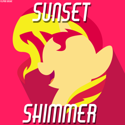 Size: 1800x1800 | Tagged: safe, artist:caliazian, artist:filipino-dashie, character:sunset shimmer, species:pony, species:unicorn, bust, female, horn, lineless, mare, minimalist, modern art, open mouth, portrait, red background, simple background, smiling, solo, watermark