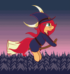 Size: 2427x2562 | Tagged: safe, artist:big brawler, oc, oc:vivian cereza, species:pony, broom, clothing, eye clipping through hair, flying, flying broomstick, glasses, hat, night, witch costume, witch hat