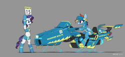 Size: 2000x920 | Tagged: safe, artist:satv12, character:rainbow dash, character:rarity, species:pony, armpits, belly button, biker, bipedal, boots, clothing, electricity, floating, gray background, high heel boots, hoverbike, miniskirt, race, race queen, semi-anthro, shoes, side slit, simple background, skirt, top, uniform, wonderbolts uniform