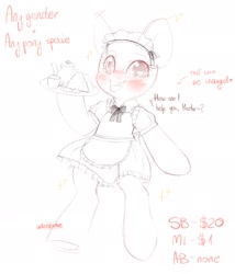 Size: 1642x1914 | Tagged: safe, artist:adostume, oc, oc only, advertisement, bipedal, blushing, clothing, commission, cute, dress, eyes open, fangs, heart eyes, lineart, maid, master, semi-anthro, solo, speech, tray, wingding eyes, your character here
