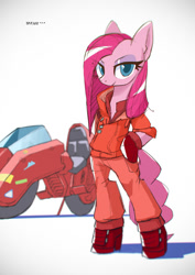 Size: 1414x2000 | Tagged: safe, artist:satv12, character:pinkamena diane pie, character:pinkie pie, species:anthro, species:earth pony, species:pony, akira, bipedal, clothing, female, kaneda shotaro, mare, motorcycle, simple background, solo, white background