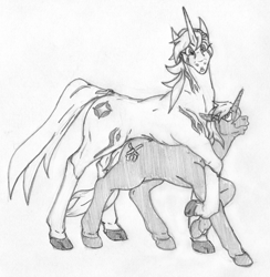 Size: 1981x2027 | Tagged: safe, artist:siegfriednox, oc, oc only, oc:cold casting, oc:eclipse starwind, species:pony, species:unicorn, behaving like a cat, female, grayscale, monochrome, size difference, surprised, traditional art