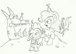 Size: 1373x980 | Tagged: safe, artist:joelashimself, character:crackle, character:gummy, character:pinkie pie, character:spike, species:dragon, species:earth pony, species:pony, clothing, female, hat, male, mare, monochrome, party hat, smiling