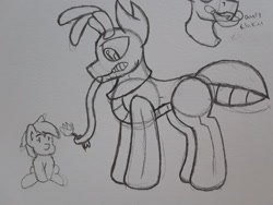 Size: 2576x1932 | Tagged: safe, artist:drheartdoodles, oc, oc:xi, species:pony, abdomen, ant pony, antennae, background character, female, filly, insect, long tongue, mandibles, size difference, tongue out