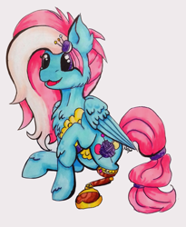 Size: 1684x2057 | Tagged: safe, artist:noxi1_48, character:kerfuffle, species:pegasus, species:pony, friendship is magic: rainbow roadtrip, g4, my little pony: friendship is magic, amputee, blue, chest fluff, clothing, female, fluffy, hairpin, hairtie, happy, mare, open mouth, pincushion, pink, prosthetic leg, prosthetic limb, prosthetics, sitting, solo, traditional art, vest, wings