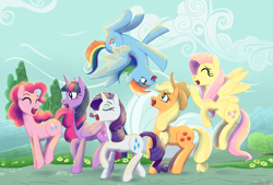 Size: 1481x1000 | Tagged: safe, artist:ryuredwings, character:applejack, character:fluttershy, character:pinkie pie, character:rainbow dash, character:rarity, character:twilight sparkle, character:twilight sparkle (alicorn), species:alicorn, species:earth pony, species:pegasus, species:pony, species:unicorn, group, mane six, open mouth