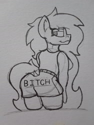 Size: 1932x2576 | Tagged: safe, artist:drheartdoodles, oc, oc only, oc:mamma, species:anthro, clydesdale, dock, earthh pony, female, long mane, milf, over the shoulder, presenting, smiling, smirk, solo, text, traditional art, vulgar