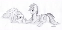 Size: 6336x3116 | Tagged: safe, artist:peruserofpieces, character:fluttershy, character:rainbow dash, species:pegasus, species:pony, caring, female, friendship, hoof hold, scared, traditional art