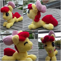 Size: 1066x1066 | Tagged: safe, artist:noxi1_48, character:apple bloom, bow, cute, female, food, hair bow, one eye closed, orange, photo, plushie, red, solo, tongue out, wink