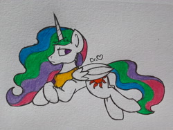 Size: 2576x1932 | Tagged: safe, artist:drheartdoodles, character:princess celestia, species:alicorn, species:pony, female, folded wings, frown, jewelry, mare, multicolored hair, peytral, rainbow hair, solo, traditional art