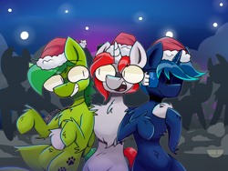 Size: 5120x3840 | Tagged: safe, artist:difis, oc, oc:aura skye, oc:evergreen feathersong, oc:miss final verse, species:pegasus, species:pony, species:unicorn, christmas, clothing, everskye, hat, holiday, m, party, santa hat