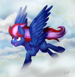 Size: 1970x2000 | Tagged: safe, artist:noxi1_48, species:pegasus, species:pony, fluffy, happy, in the sky, pegasus oc, solo, wing open