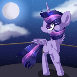 Size: 1024x1024 | Tagged: safe, artist:rue-willings, character:twilight sparkle, character:twilight sparkle (alicorn), species:alicorn, species:pony, balcony, cloud, cute, female, full moon, looking at something, mare, missing cutie mark, moon, night, sky, solo, twiabetes