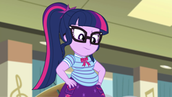 Size: 2560x1440 | Tagged: safe, artist:neongothic, edit, edited screencap, screencap, character:twilight sparkle, character:twilight sparkle (scitwi), species:eqg human, episode:overpowered, g4, my little pony: equestria girls, my little pony:equestria girls, belly, big belly, chubby, chubby sci-twi, chubby twilight, fat, fat edit, female, glasses, hands on hip, ponytail, sci-twilard, solo, twilard sparkle, weight gain