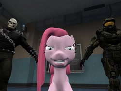 Size: 1024x768 | Tagged: safe, artist:nightmenahalo117, character:pinkamena diane pie, character:pinkie pie, species:pony, ghost rider, grin, halo (series), marvel comics, master chief, nightmena, smiling, stare, t pose