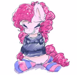 Size: 2502x2479 | Tagged: safe, artist:littleblackraencloud, character:pinkie pie, species:earth pony, species:pony, blushing, clothing, cute, diapinkes, ear fluff, eyes closed, female, high res, hoodie, mare, simple background, sitting, smiling, socks, solo, striped socks, white background