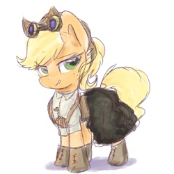 Size: 2000x2000 | Tagged: safe, artist:littleblackraencloud, character:applejack, species:earth pony, species:pony, clothing, cute, dress, female, goggles, high res, jackabetes, lidded eyes, mare, simple background, solo, steampunk, white background