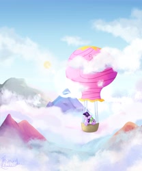 Size: 3256x3907 | Tagged: safe, artist:littleblackraencloud, character:spike, character:twilight sparkle, character:twilight sparkle (alicorn), species:alicorn, species:pony, chest fluff, cloud, duo, ear fluff, high res, hot air balloon, intro, mountain, opening, scene interpretation, scenery, sky, sun