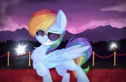 Size: 2302x1490 | Tagged: safe, artist:littleblackraencloud, character:rainbow dash, species:pegasus, species:pony, carpet, celebrity, chest fluff, ear fluff, eye clipping through hair, eyebrows, eyebrows visible through hair, female, mare, red carpet, smiling, solo, sunglasses