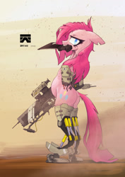 Size: 1414x2000 | Tagged: safe, artist:satv12, character:pinkamena diane pie, character:pinkie pie, species:earth pony, species:pony, amputee, balloonbutt, bipedal, butt, cyborg, dock, female, gun, mare, mouth hold, plot, prosthetic limb, prosthetics, quadruple amputee, semi-anthro, solo, weapon