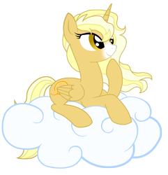 Size: 1880x1951 | Tagged: safe, artist:bludraconoid, oc, oc:summer sun, species:alicorn, species:pony, cloud, female, mare, prone, simple background, solo, transparent background