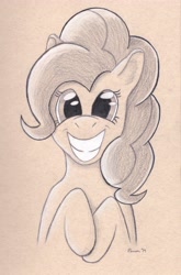 Size: 3281x4975 | Tagged: safe, artist:peruserofpieces, character:pinkie pie, species:earth pony, species:pony, bust, colored pencil drawing, crossed hooves, female, looking at you, mare, smiling, toned paper, traditional art