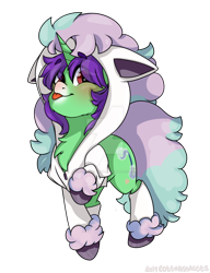 Size: 784x1019 | Tagged: safe, artist:cottonsweets, oc, oc only, oc:crescent star, species:crystal pony, species:pony, species:unicorn, clothing, crossover, crystal unicorn, galarian ponyta, hoodie, mlem, pokemon sword and shield, pokémon, ponyta, silly, simple background, socks, solo, tongue out, transparent background