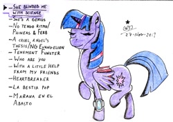 Size: 1024x720 | Tagged: safe, artist:gafelpoez, character:twilight sparkle, character:twilight sparkle (alicorn), species:alicorn, species:pony, book, earbuds, female, jet, led zeppelin, los redondos, neon genesis evangelion, phineas and ferb, queen, solo, sumo, the beatles, the who, thomas dolby, traditional art