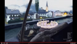 Size: 1182x676 | Tagged: safe, artist:sa1ntmax, oc, oc only, species:zebra, cake, food, great tit, river, stream, town, youtube