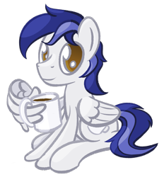 Size: 2040x2200 | Tagged: safe, artist:phat_guy, derpibooru original, oc, oc only, oc:officer hotpants, species:pegasus, species:pony, 2020 community collab, derpibooru community collaboration, coffee, coffee mug, drink, looking at you, male, mug, simple background, sitting, smiling, solo, stallion, transparent background, wing hands, wing hold, wings