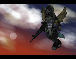 Size: 4000x3100 | Tagged: safe, artist:devorierdeos, oc, oc only, species:pegasus, species:pony, fallout equestria, assault rifle, clothing, fanfic, fanfic art, flying, gun, hooves, male, rifle, sky background, spread wings, stallion, weapon, wings
