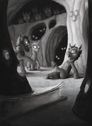 Size: 1200x1650 | Tagged: safe, artist:sa1ntmax, species:changeling, fanfic:that changeling's a pony!, changeling hive, commission, fanfic art, grayscale, illustration, monochrome