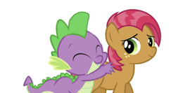 Size: 750x398 | Tagged: safe, artist:reginault, edit, editor:undeadponysoldier, character:babs seed, character:spike, species:dragon, species:earth pony, species:pony, babspike, crack shipping, cute, female, filly, freckles, hug, hug from behind, male, shipping, straight