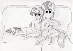 Size: 4911x3472 | Tagged: safe, artist:peruserofpieces, character:twilight sparkle, oc, oc:pop star, species:alicorn, species:earth pony, species:pony, controller, couch, female, frog (hoof), male, sitting, smiling, snes controller, spread legs, spreading, super nintendo, underhoof